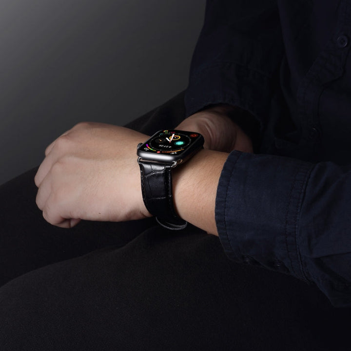 Lisslune | Denior Crocodile Grain Watch Cowhide Watch Band for Apple Watch Series 7 41mm / 6 & SE & 5 & 4 40mm / 3 & 2 & 1 38mm (Black)