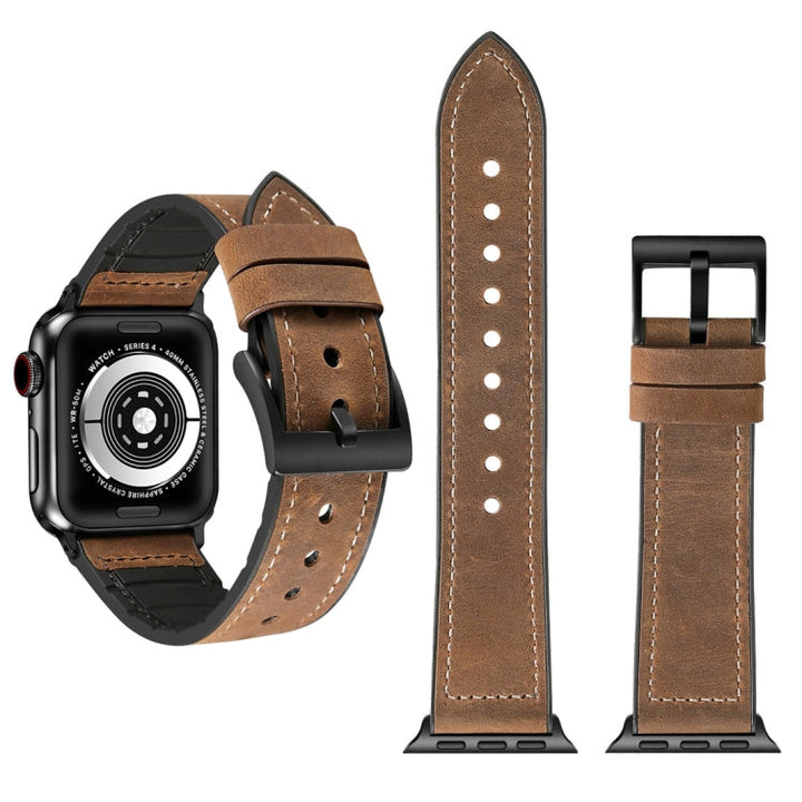 Lisslune | Crazy Horse Texture TPU + Stainless Steel Watch Band for Apple Watch Series 7 45mm / 6 & SE & 5 & 4 44mm / 3 & 2 & 1 42mm (Brown)