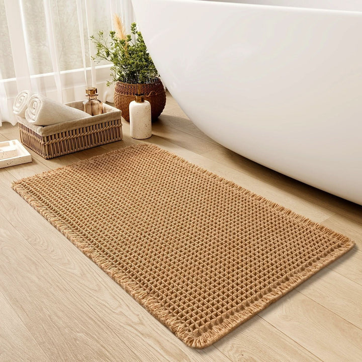 Lisslune | AbsorbEase | Waffle Bath Mat with Fringes – Quick-Dry & Non-Slip