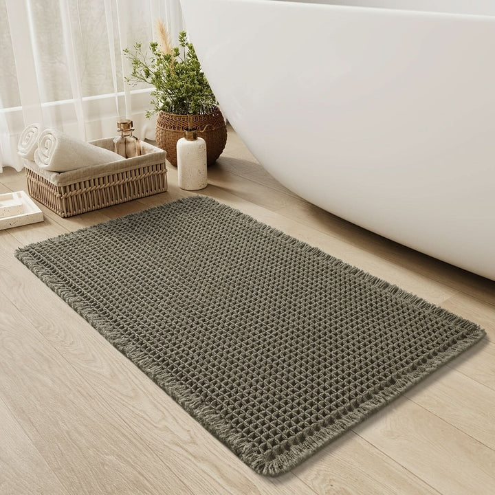 Lisslune | AbsorbEase | Waffle Bath Mat with Fringes – Quick-Dry & Non-Slip