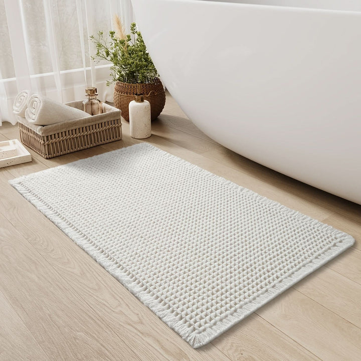 Lisslune | AbsorbEase | Waffle Bath Mat with Fringes – Quick-Dry & Non-Slip