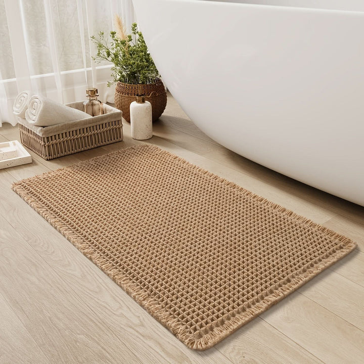 Lisslune | AbsorbEase | Waffle Bath Mat with Fringes – Quick-Dry & Non-Slip