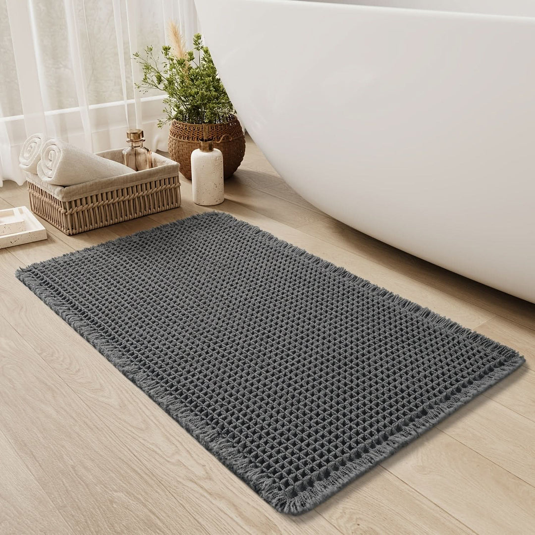 Lisslune | AbsorbEase | Waffle Bath Mat with Fringes – Quick-Dry & Non-Slip