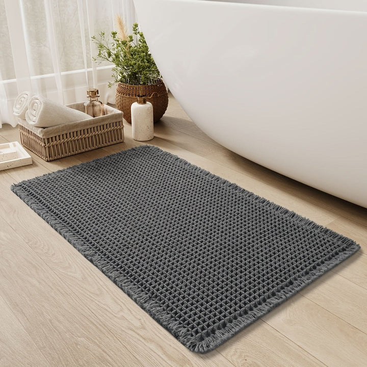 Lisslune | AbsorbEase | Waffle Bath Mat with Fringes – Quick-Dry & Non-Slip