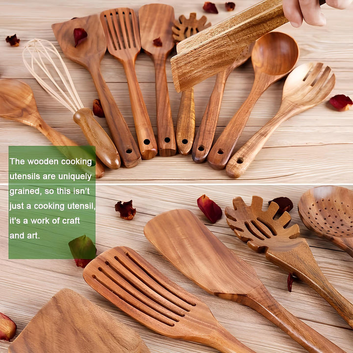 Lisslune | 11-Piece Kitchen Utensil Set Made of Teak – Including Holder – Natural Look for the Kitchen