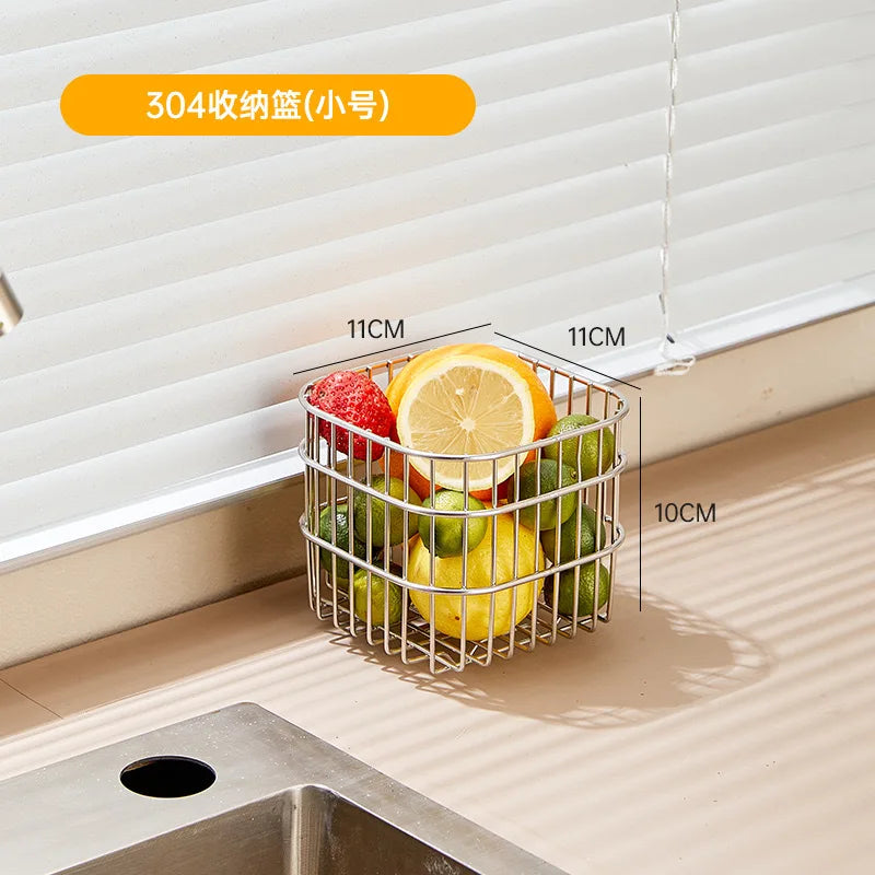 Rynx | 304 Stainless Steel Drain Basket Household Kitchen Storage Basket Square Fruit Vegetable Basket Cosmetic Storage Basket