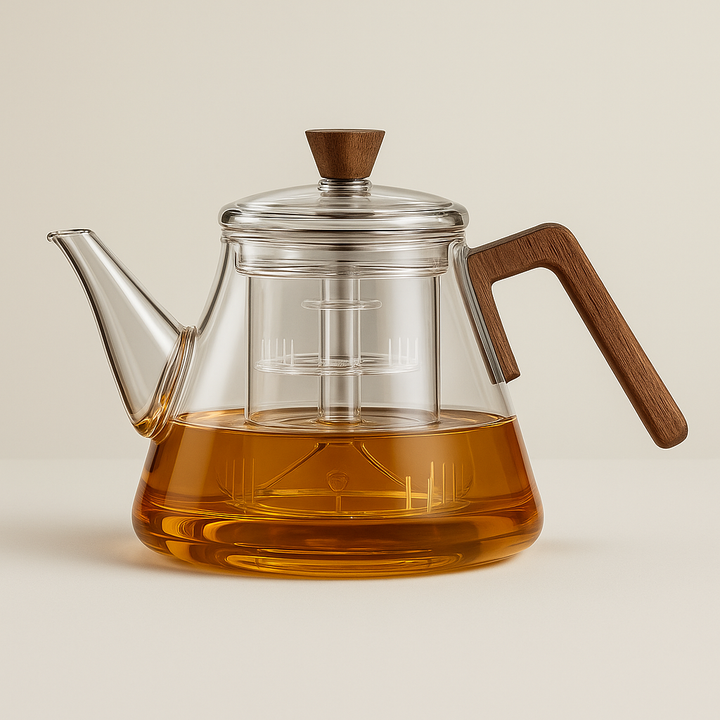 Lisslune | Aetheris Glass Brew Teapot – Heat-Resistant Glass Teapot with Wooden Handle & Infuser (900ml)