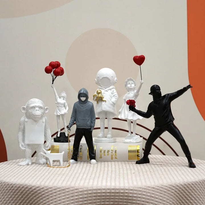 Lisslune | Dropshipping Banksy Sculpture Collection Flower Thrower Statue Pop Art Modern Balloon Girl Figurine Office Home Decoration