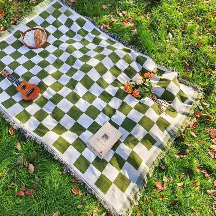 Lisslune | All-Season Checkered Picnic Blanket with Fringe