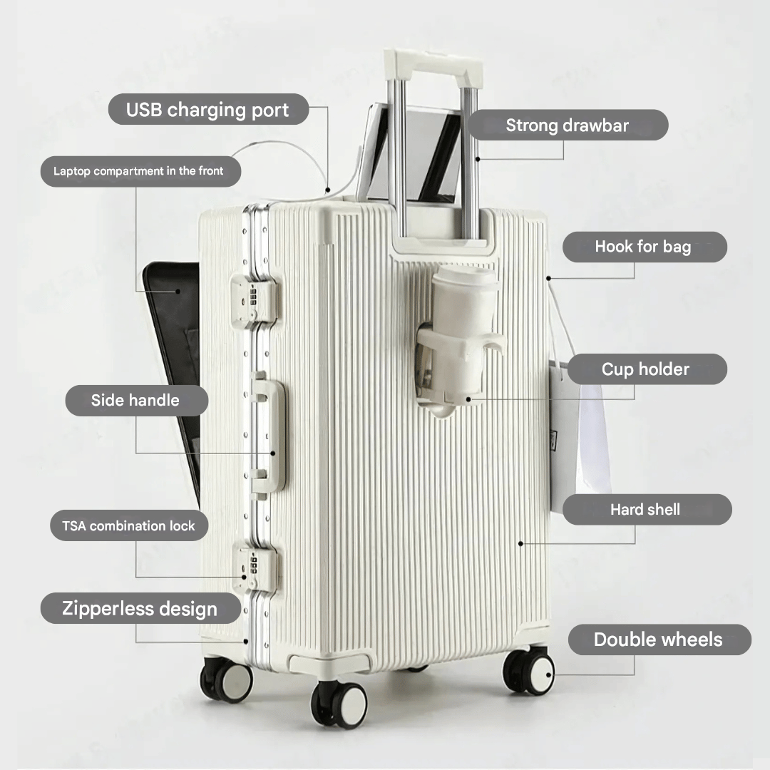 Lisslune | Manhattan Pro – Hard Shell Carry-On Suitcase with Aluminium Frame (20 inches, 40 Liter), Laptop Compartment & USB Ports