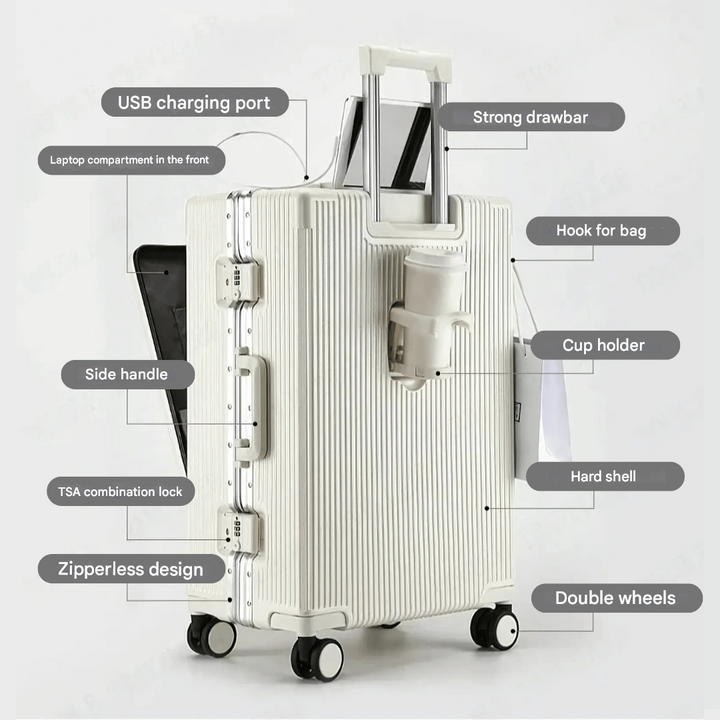 Lisslune | Manhattan Pro – Hard Shell Carry-On Suitcase with Aluminium Frame (20 inches, 40 Liter), Laptop Compartment & USB Ports