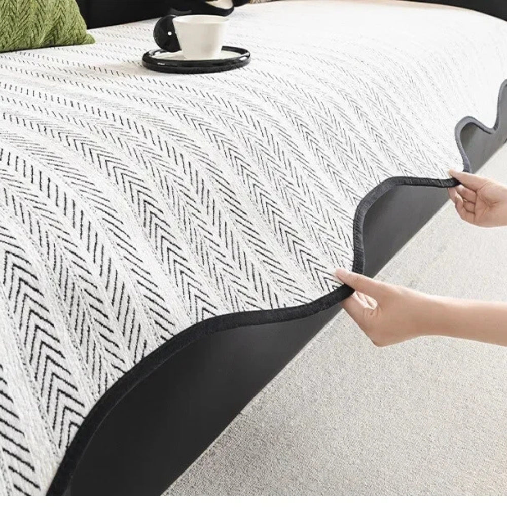 Lisslune | Aurivelle Herringbone Sofa Cover with Scalloped Edge Trim