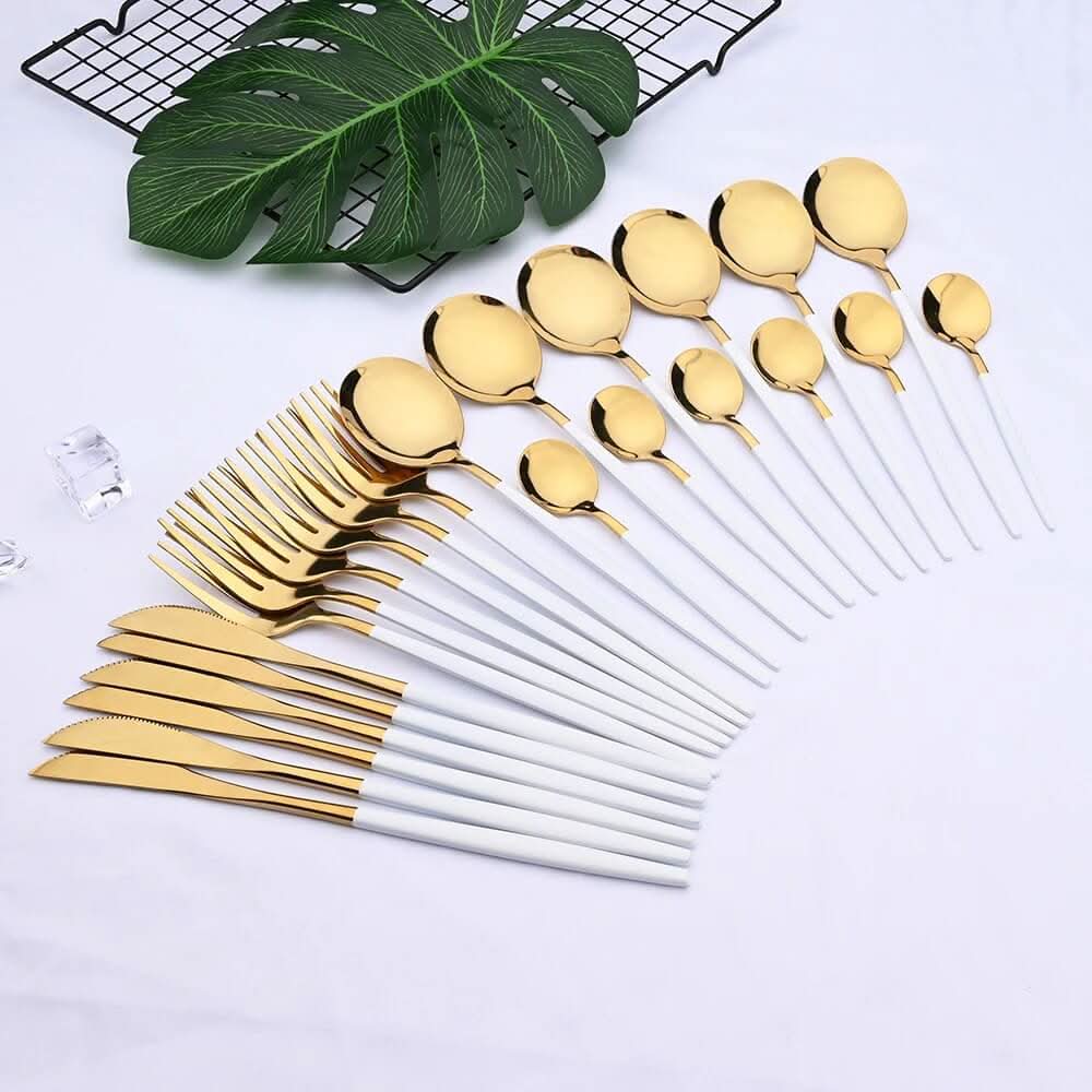 Lisslune | Gold Stainless Steel Cutlery Set with White Handles