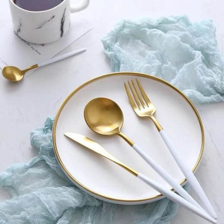 Lisslune | Gold Stainless Steel Cutlery Set with White Handles
