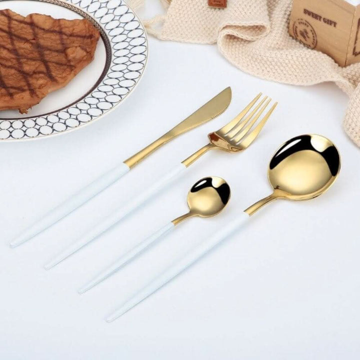 Lisslune | Gold Stainless Steel Cutlery Set with White Handles