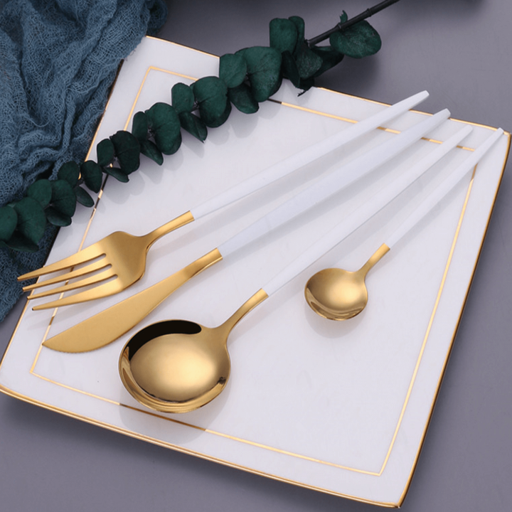 Lisslune | Gold Stainless Steel Cutlery Set with White Handles