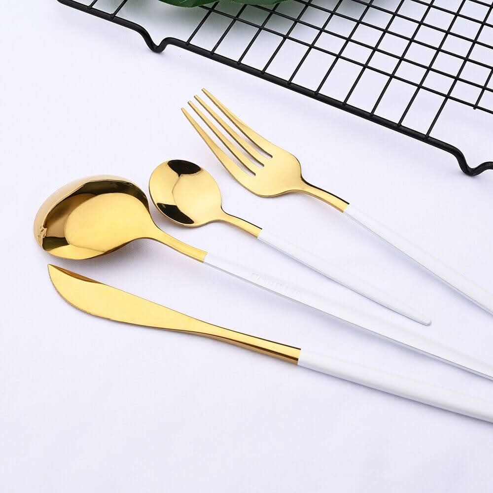 Lisslune | Gold Stainless Steel Cutlery Set with White Handles