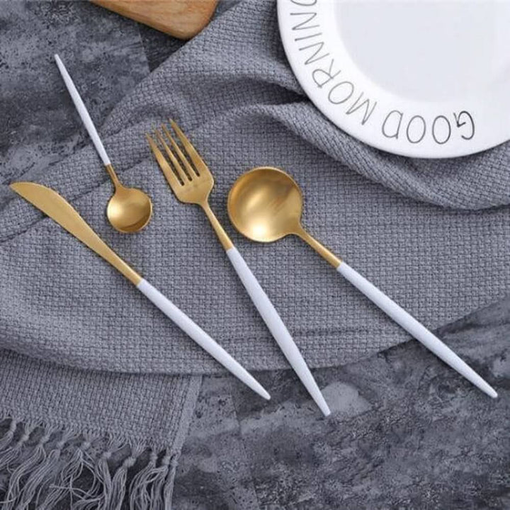 Lisslune | Gold Stainless Steel Cutlery Set with White Handles