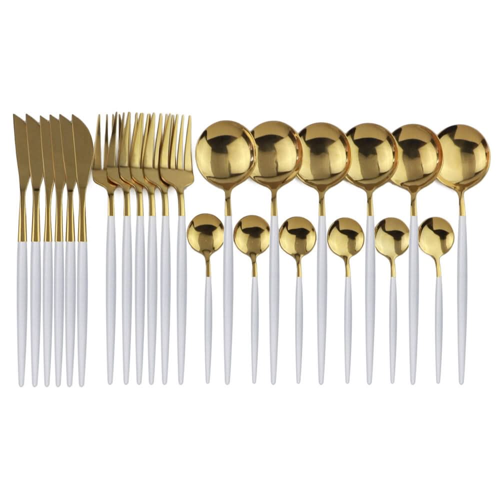 Lisslune | Gold Stainless Steel Cutlery Set with White Handles