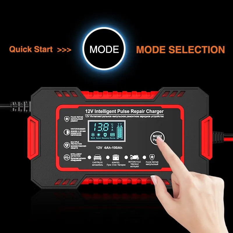 Lisslune | 12V 6A Smart Car Battery Charger | Pulse Repair, LCD Display & Fast Charging for AGM, Gel & Lead-Acid Batteries