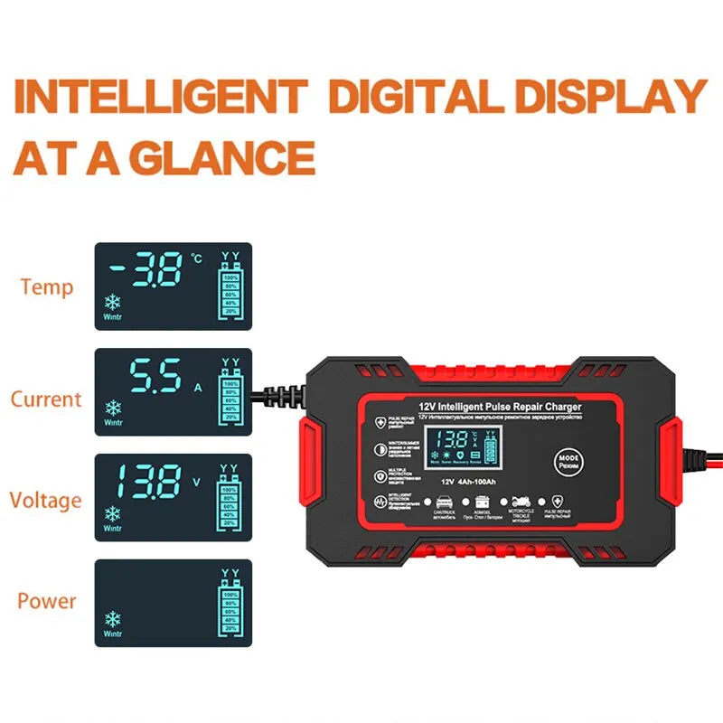 Lisslune | 12V 6A Smart Car Battery Charger | Pulse Repair, LCD Display & Fast Charging for AGM, Gel & Lead-Acid Batteries