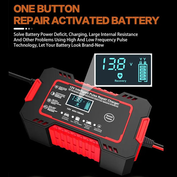 Lisslune | 12V 6A Smart Car Battery Charger | Pulse Repair, LCD Display & Fast Charging for AGM, Gel & Lead-Acid Batteries