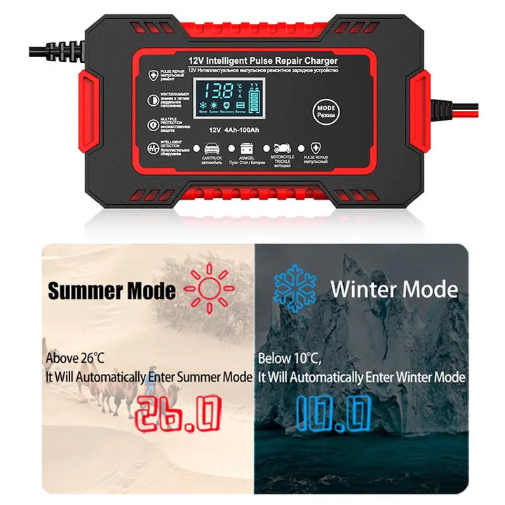 Lisslune | 12V 6A Smart Car Battery Charger | Pulse Repair, LCD Display & Fast Charging for AGM, Gel & Lead-Acid Batteries