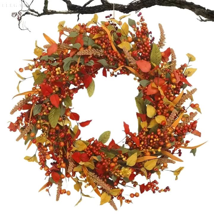 Lisslune | Autumn Rattan Wreath with Leaves and Berries for Door