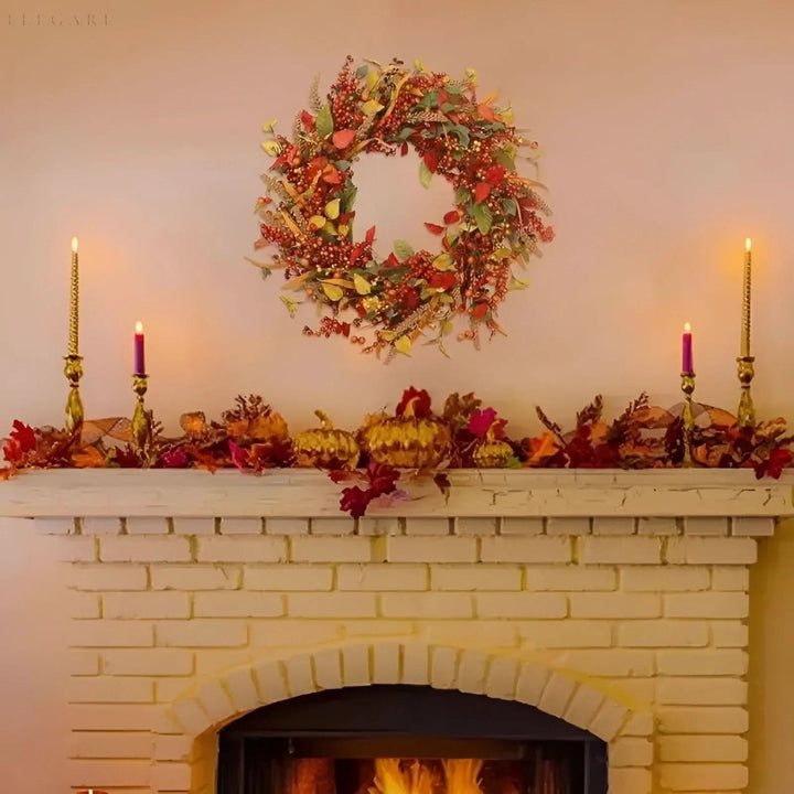 Lisslune | Autumn Rattan Wreath with Leaves and Berries for Door