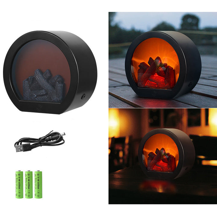 Lisslune | Contemporary Retro ABS Simulated Flame Fireplace Round Battery Rectangular LED Table Lamp For Living Room