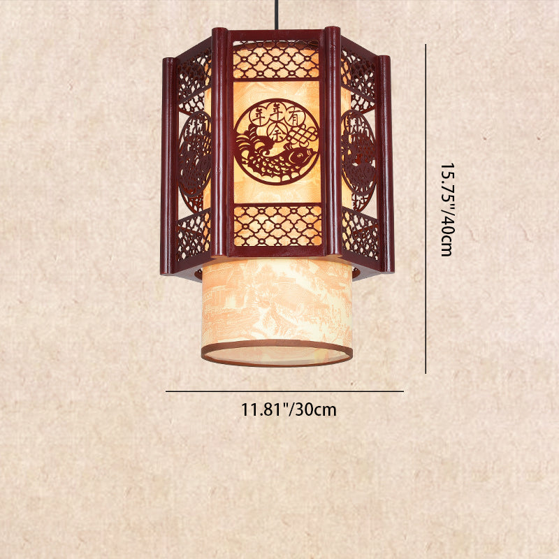 Lisslune | Traditional Chinese Wood-PVC Cylinder Lantern Carved Fish 1-Light Pendant Lamp for the Dining Room