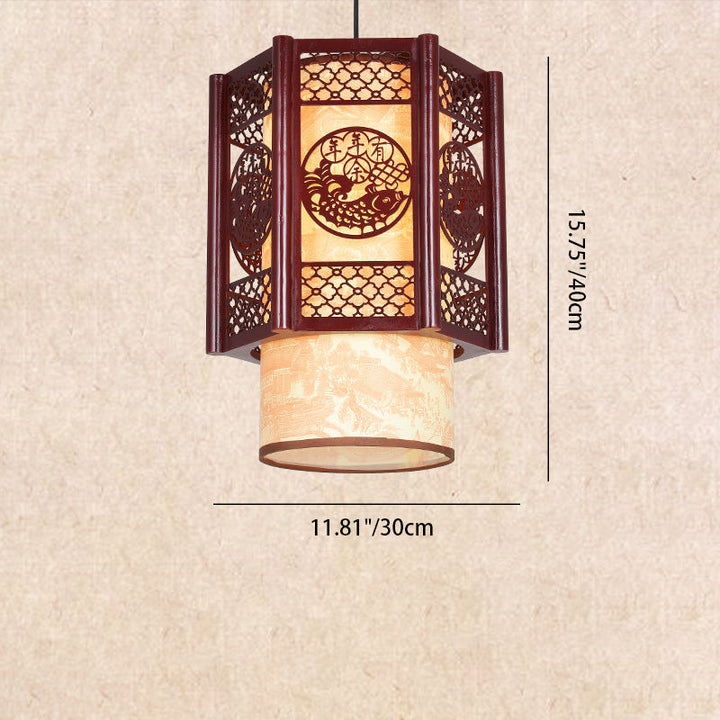 Lisslune | Traditional Chinese Wood-PVC Cylinder Lantern Carved Fish 1-Light Pendant Lamp for the Dining Room