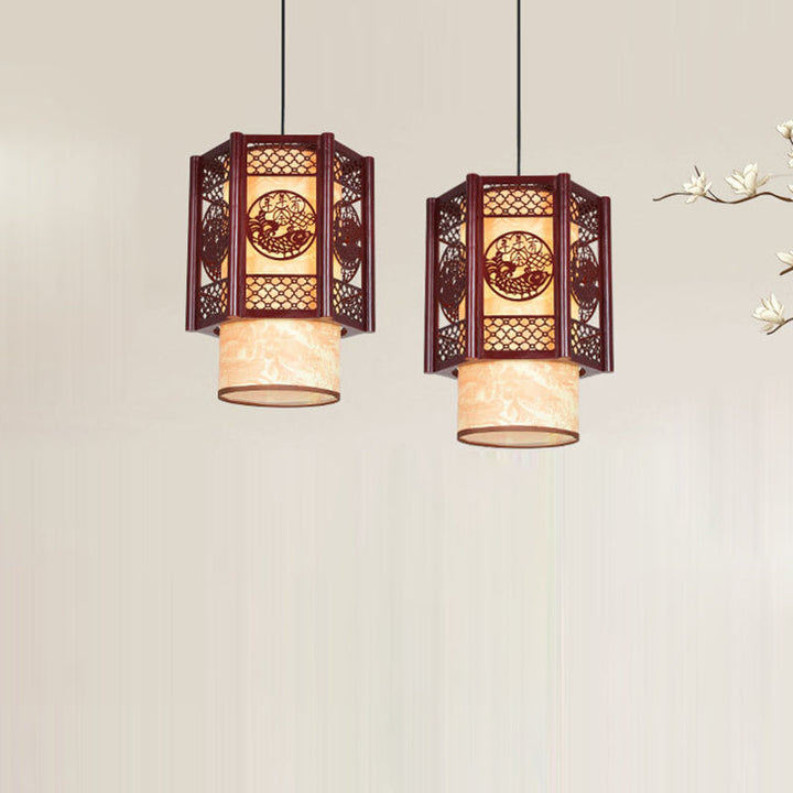 Lisslune | Traditional Chinese Wood-PVC Cylinder Lantern Carved Fish 1-Light Pendant Lamp for the Dining Room