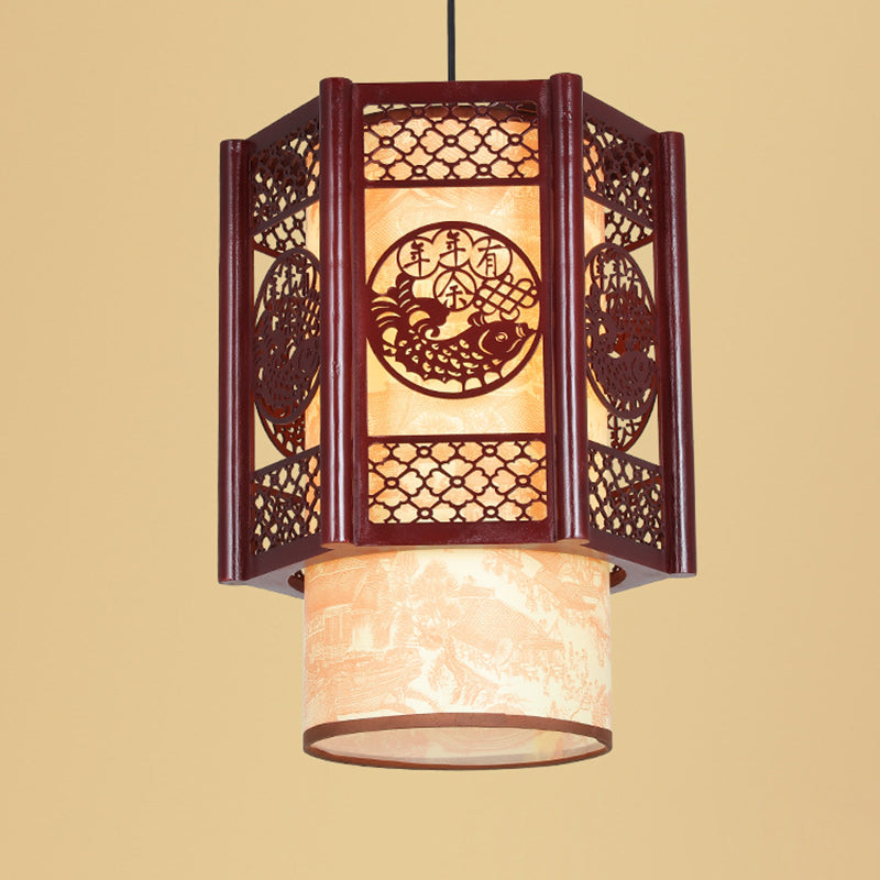 Lisslune | Traditional Chinese Wood-PVC Cylinder Lantern Carved Fish 1-Light Pendant Lamp for the Dining Room