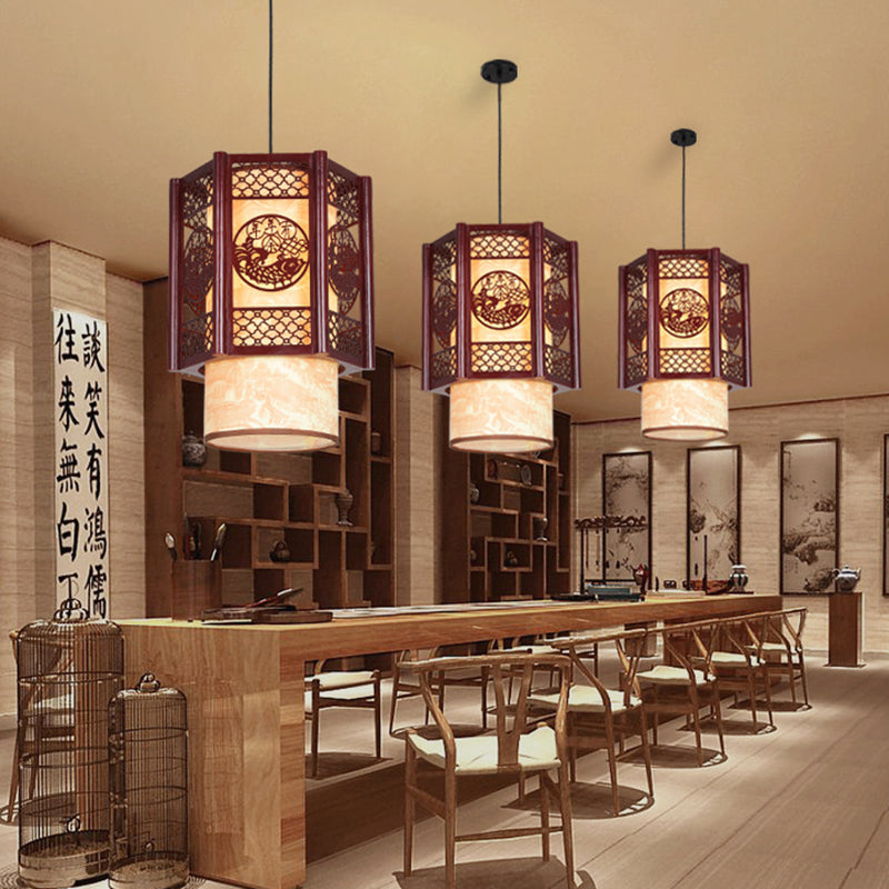 Lisslune | Traditional Chinese Wood-PVC Cylinder Lantern Carved Fish 1-Light Pendant Lamp for the Dining Room