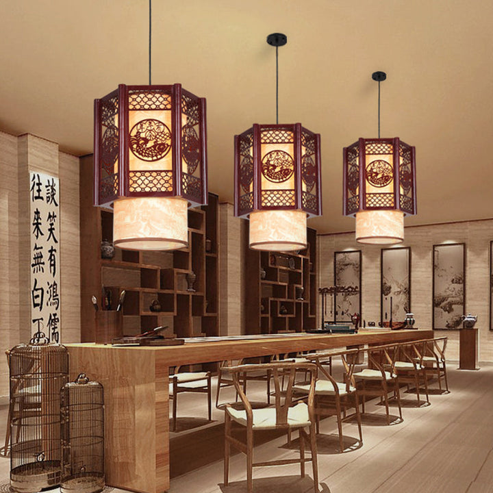 Lisslune | Traditional Chinese Wood-PVC Cylinder Lantern Carved Fish 1-Light Pendant Lamp for the Dining Room