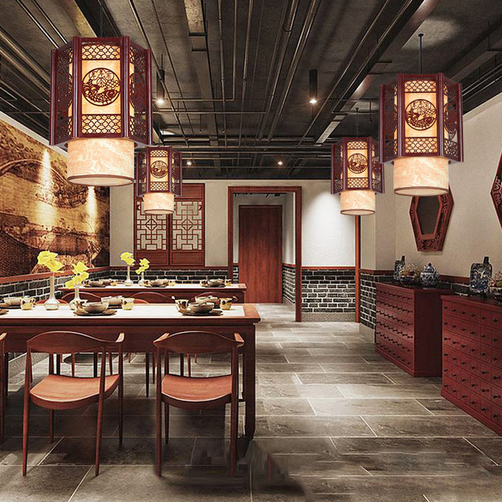 Lisslune | Traditional Chinese Wood-PVC Cylinder Lantern Carved Fish 1-Light Pendant Lamp for the Dining Room