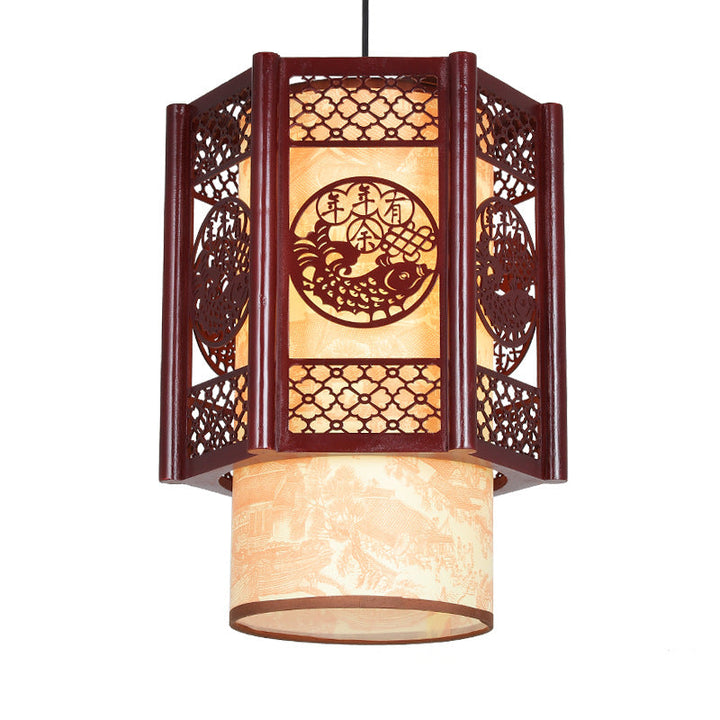 Lisslune | Traditional Chinese Wood-PVC Cylinder Lantern Carved Fish 1-Light Pendant Lamp for the Dining Room