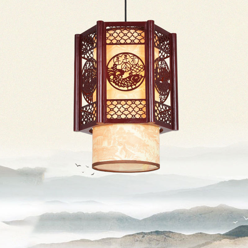 Lisslune | Traditional Chinese Wood-PVC Cylinder Lantern Carved Fish 1-Light Pendant Lamp for the Dining Room