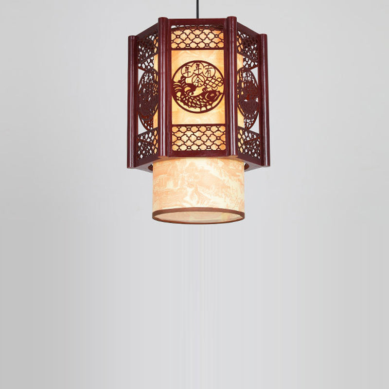 Lisslune | Traditional Chinese Wood-PVC Cylinder Lantern Carved Fish 1-Light Pendant Lamp for the Dining Room