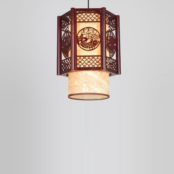 Lisslune | Traditional Chinese Wood-PVC Cylinder Lantern Carved Fish 1-Light Pendant Lamp for the Dining Room
