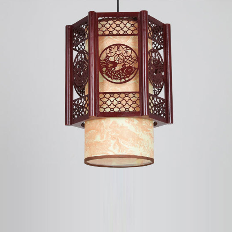 Lisslune | Traditional Chinese Wood-PVC Cylinder Lantern Carved Fish 1-Light Pendant Lamp for the Dining Room
