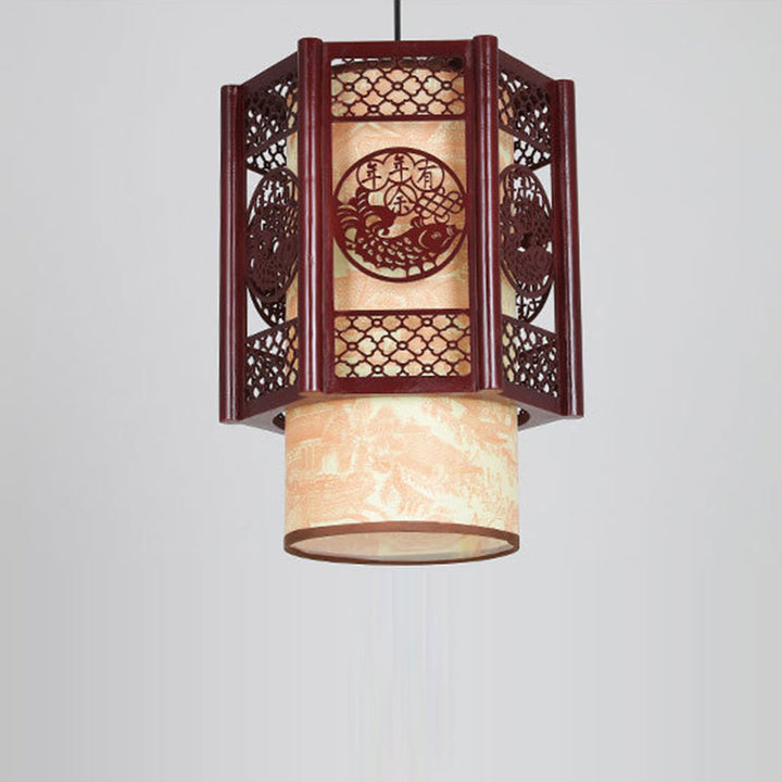 Lisslune | Traditional Chinese Wood-PVC Cylinder Lantern Carved Fish 1-Light Pendant Lamp for the Dining Room