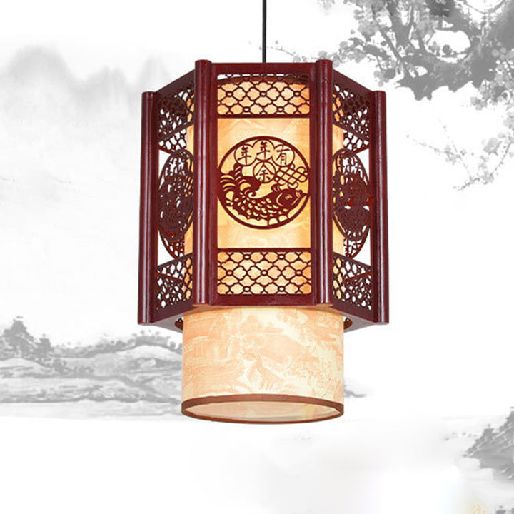 Lisslune | Traditional Chinese Wood-PVC Cylinder Lantern Carved Fish 1-Light Pendant Lamp for the Dining Room