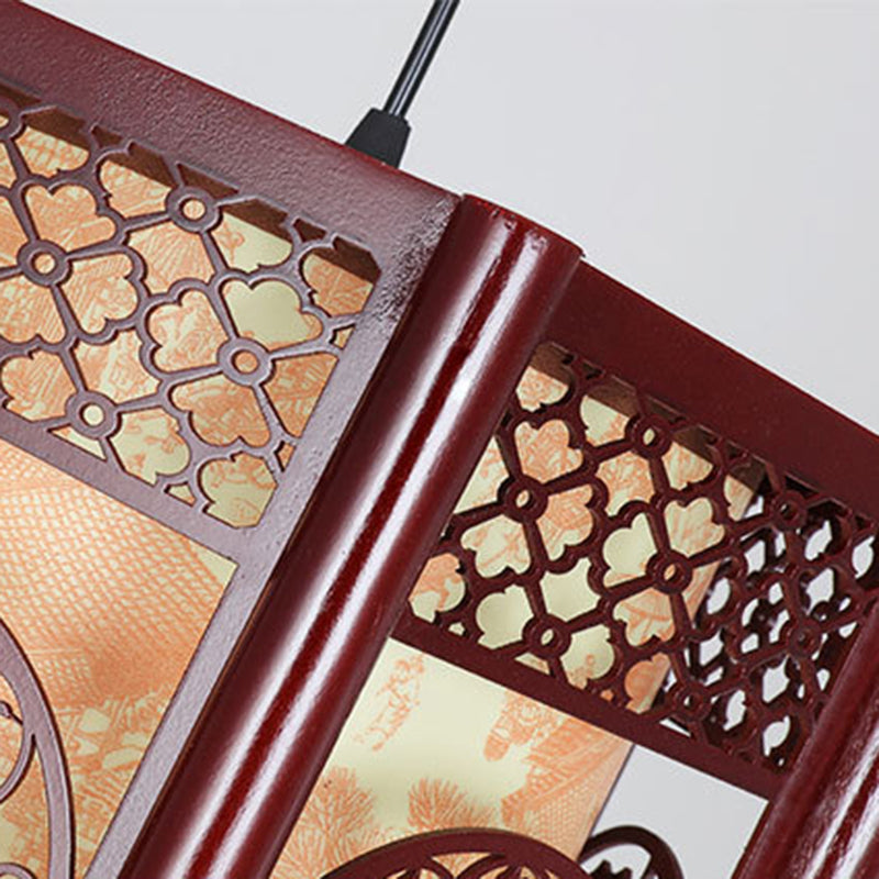 Lisslune | Traditional Chinese Wood-PVC Cylinder Lantern Carved Fish 1-Light Pendant Lamp for the Dining Room