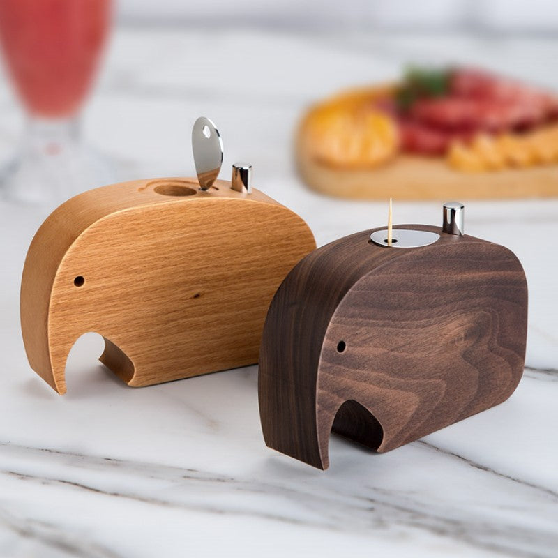 Lisslune | Push-To-Dispense Solid Wood Elephant Toothpick Holder