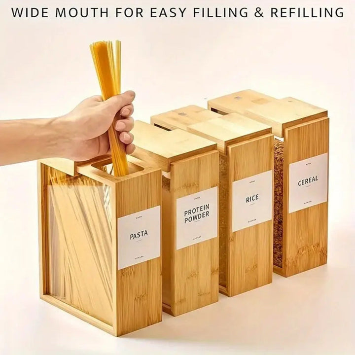 Lisslune | Sliding Bamboo Wood Pasta Grain Storage Container