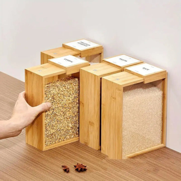 Lisslune | Sliding Bamboo Wood Pasta Grain Storage Container