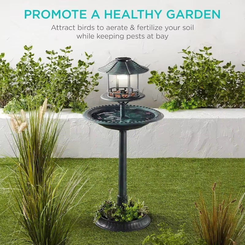 Lisslune | Solar-Powered Bird Bath on Stand with Built-In Planter & LED Lamp