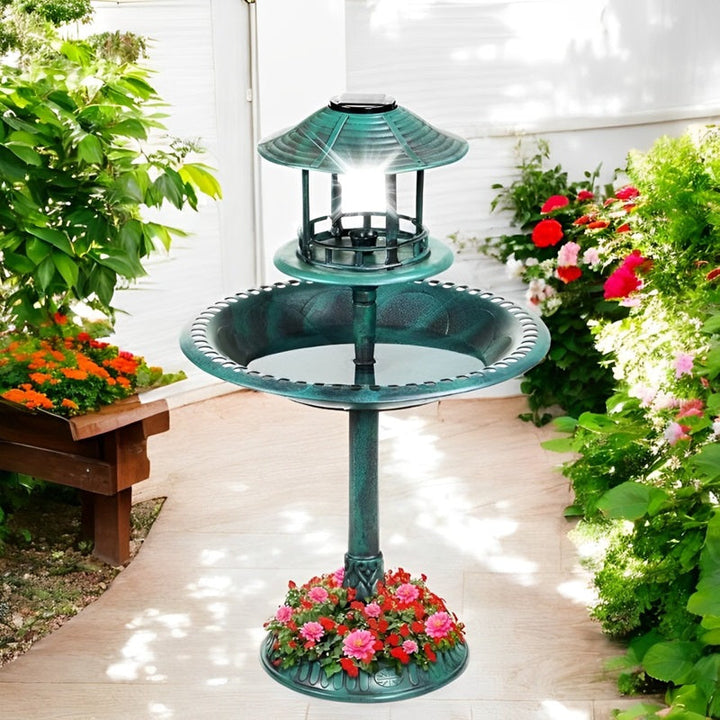 Lisslune | Solar-Powered Bird Bath on Stand with Built-In Planter & LED Lamp